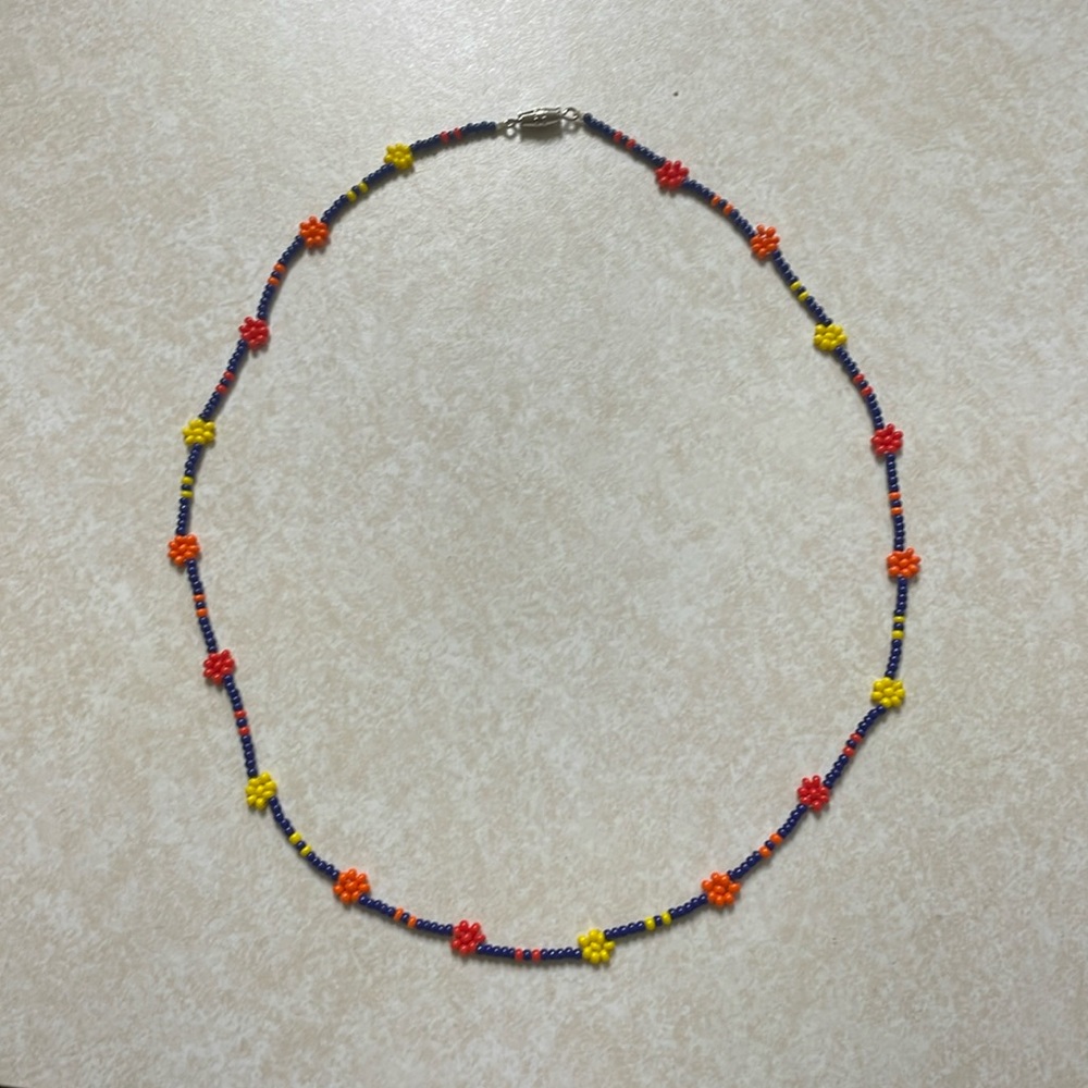 Blue Beaded Necklace With Red, Orange, and Yellow Flowers - One Size